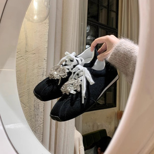 Autumn and Winter New Niche Casual Frosted Genuine Leather Forrest Gump Shoes Vintage Square Toe Pearl Bow Casual German Training Shoes Women