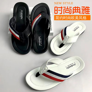 Fashionable color matching woven leather flip-flops men's non-slip deodorant home outdoor slippers lightweight beach slippers