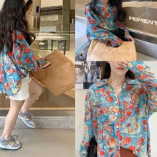 女童复古印花衬衫2024新款宝宝上衣时髦韩版母女装洋气长袖衬衣潮