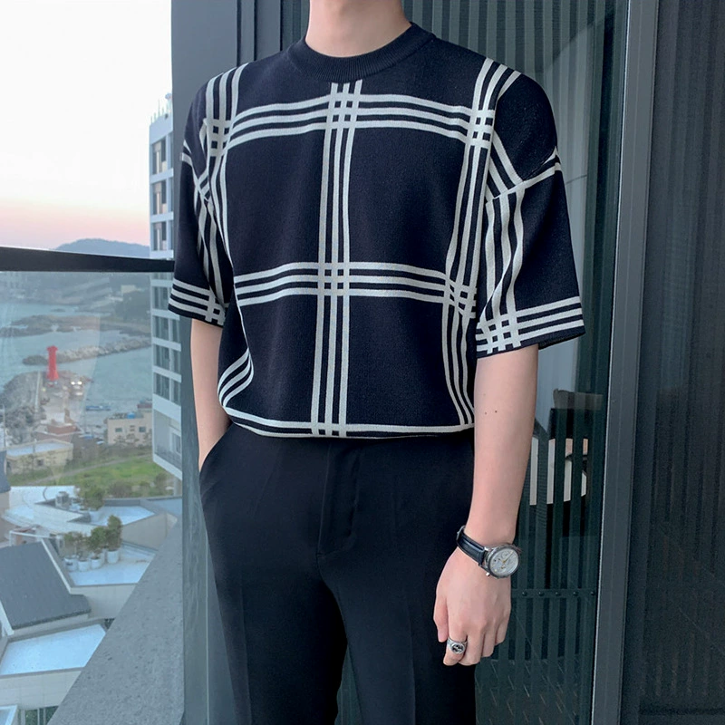 Мужской летний свитер MYQ с короткими рукавами, модная свободная футболка в Корейском стиле с коротким рукавом, Мужской Топ в клетку из ледяного шелка
