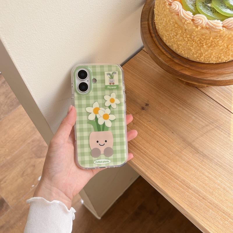 Flores en maceta de cuadros verdes de verano para Apple 16ProMax funda para teléfono móvil 15Pro pareja 14Pro personalidad 13