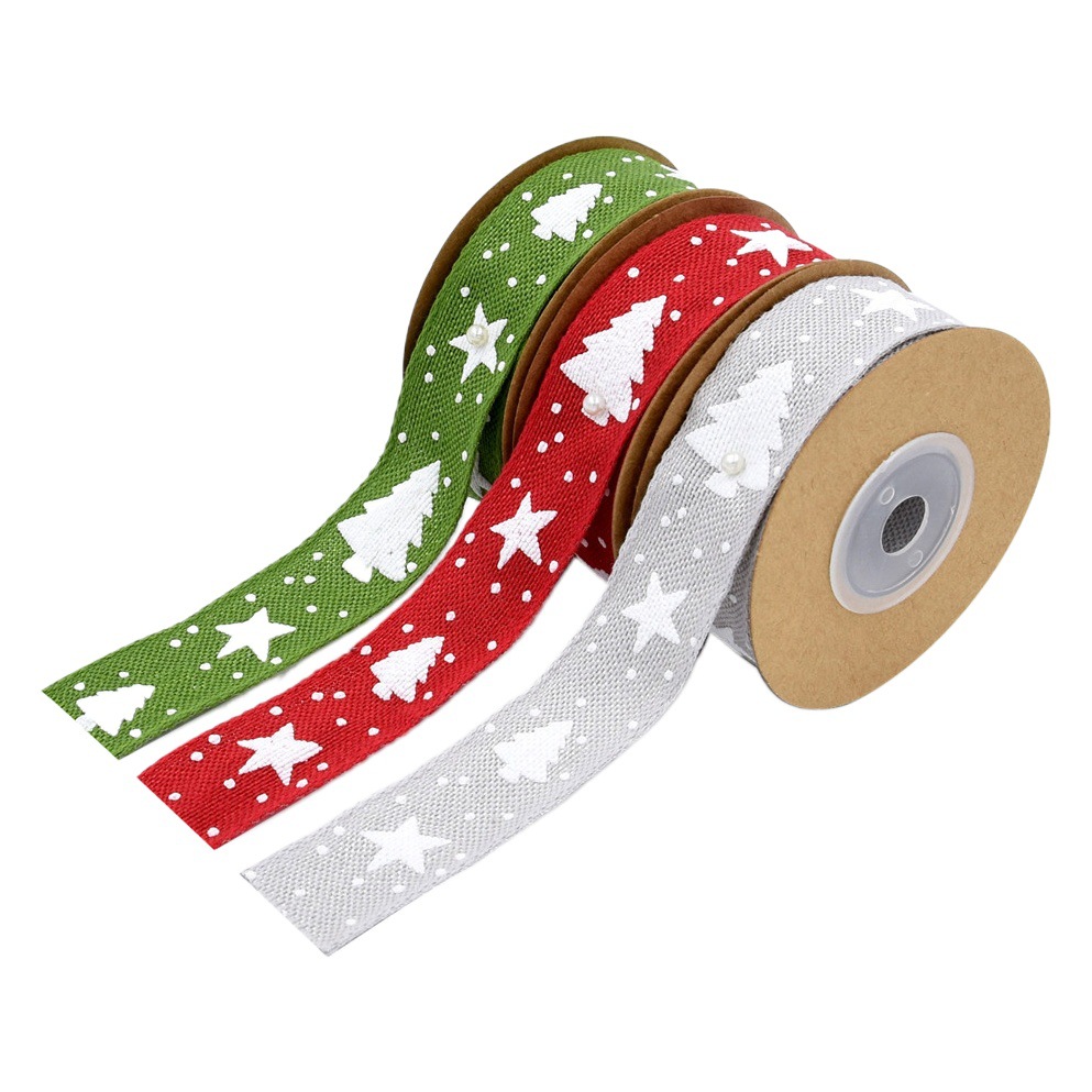 Transfronteriza Navidad nueva cinta de algodón impresa árbol de Navidad decoración regalo embalaje cinturón dos lados Alambre de hierro 5 yardas en stock