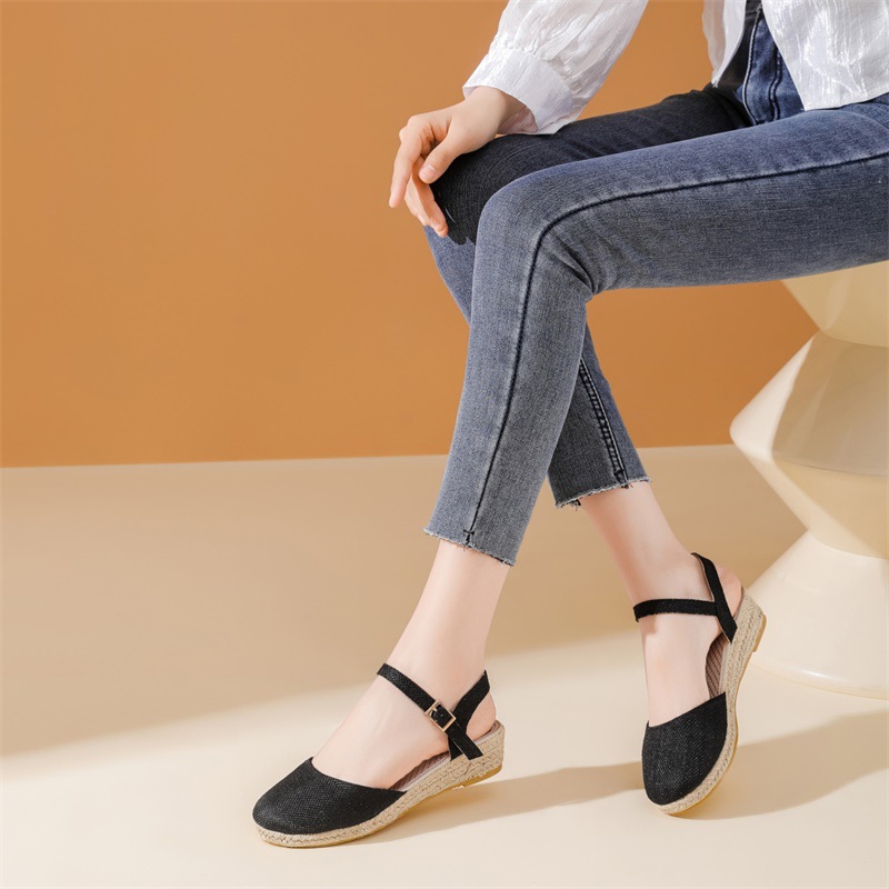 26 Summer And Autumn New Wedge Heel Women's Sandals, Old Beijing Cloth Shoes, High Heel, Solid Color Straw Woven_vogvips.com
