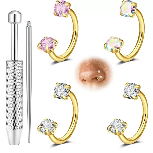 New Cross-Border Stainless Steel 20g Double Zircon C-Bar Nose Ring Versatile Ear Cartilage Ring Body Piercing Jewelry Nose Ornament in Stock