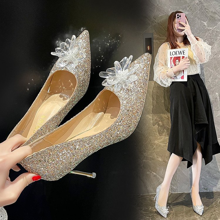 Autumn nail sequins pointed-toe stiletto heels low-cut