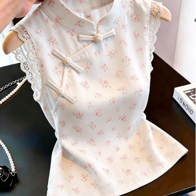 French-style floral sleeveless tank top for women, fashionable and chic for summer, casual and versatile, with lace trim, elegant and unique design