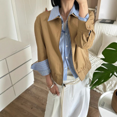 新款叠穿高知感miu系穿搭全棉假两件撞色条纹夹克衫短外套女5517