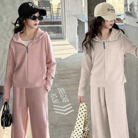 女童春秋2025新款时髦中大童连帽卫衣两件套小女孩套装（没帽绳）