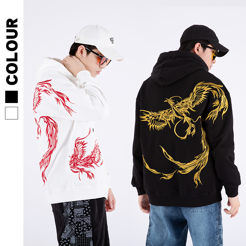 가을과 겨울 새로운 국가 패션 남자의 최고 Fenghuang 자수 커플 옷 기모 두꺼운 후드 스웨터 남성 패션 브랜드