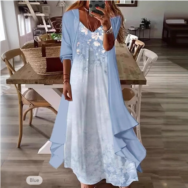 in stock Cross-border 2025 European and American Summer Women's Printed Vacation Strap Dress Indian Style Big Swing Dress Two-piece Set
