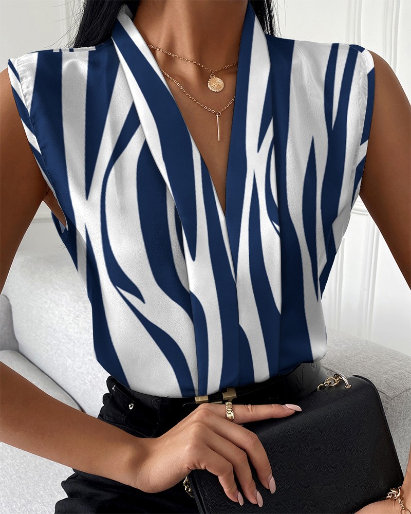 2023 estación independiente deseo Amazon popular verano europeo y americano moda casual sin mangas con cuello en V camisa impresa para las mujeres