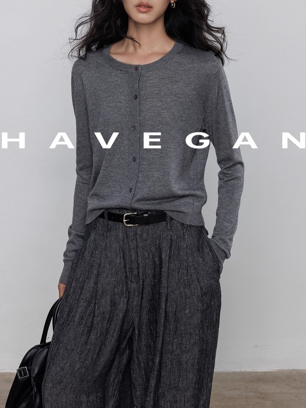 与间HAVEGAN/秋季圆领长袖针织开衫女薄款外穿宽松慵懒老钱风上衣|undefined