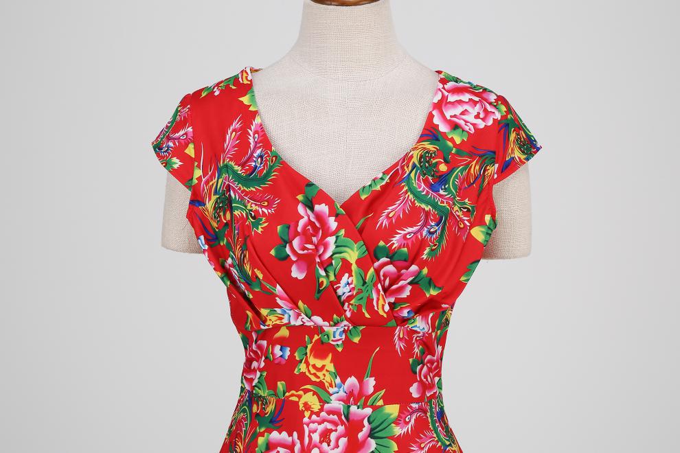 Robe amincissante à imprimé floral rétro et col en V pour femme – Robe d'été élégante mi-longue à manches courtes_voghion.com