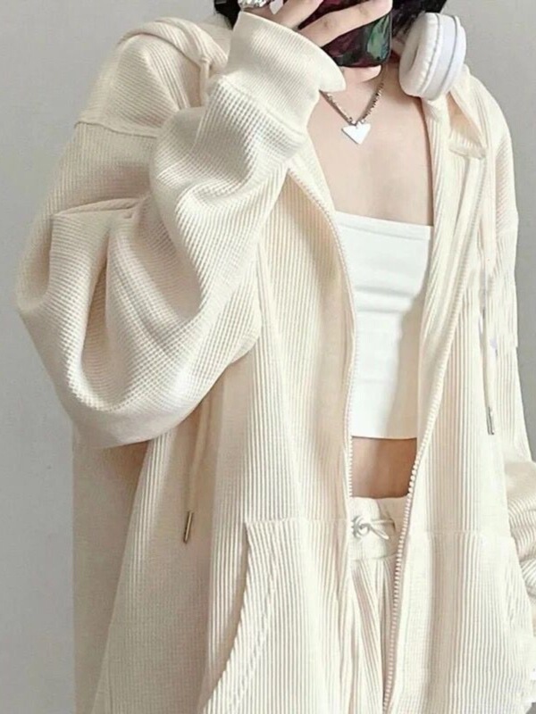 华夫格连帽卫衣女秋oversize宽松薄款拉链开衫外套秋季加绒加厚|undefined