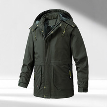 厂家直销冬季新款男士连帽加绒大毛领中长款纯棉水洗棉衣