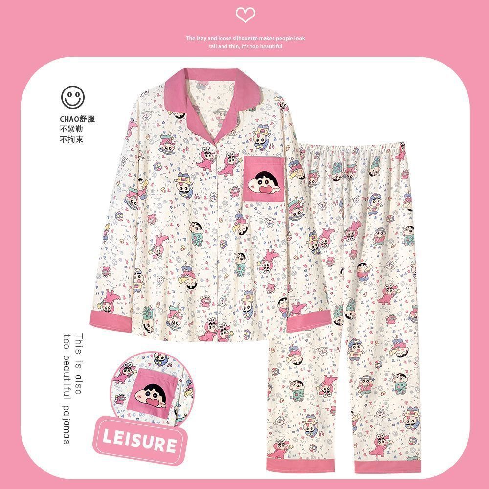Nube transfronteriza pijama de algodón crayón de mujer pequeño nuevo otoño pantalones de manga larga lindos dibujos animados ropa de casa se puede usar fuera
