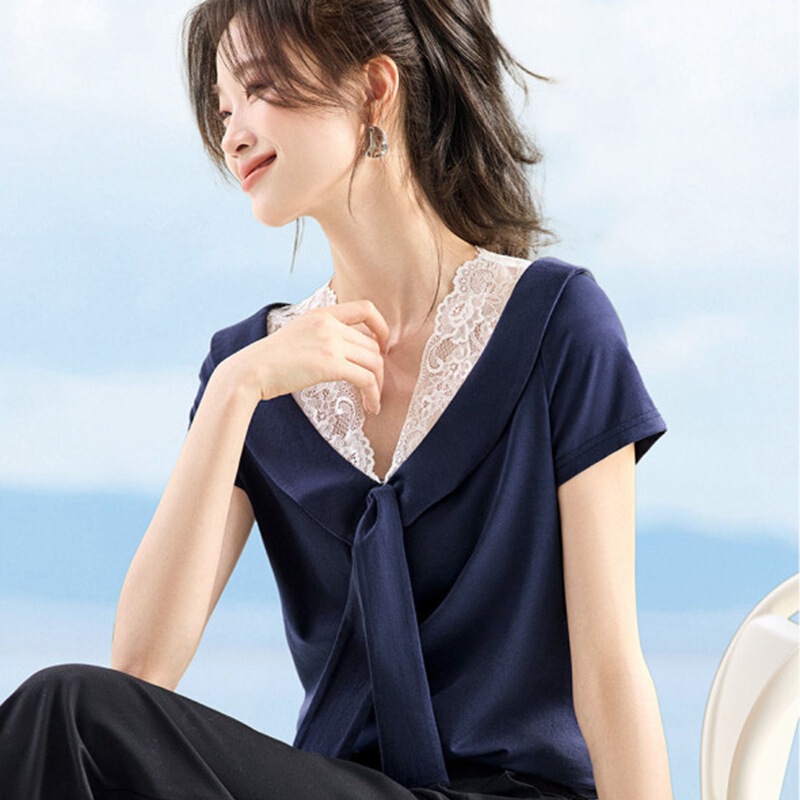 French-Style Soft Nautical Style 2026 Summer New High-End Lace Patchwork Sailor Collar Tie-Neck Fitted T-Shirt French-Style Soft Nautical Style 2026 Summer New High-End Lace Patchwork Sailor Collar Tie-Neck Fitted T-Shirt