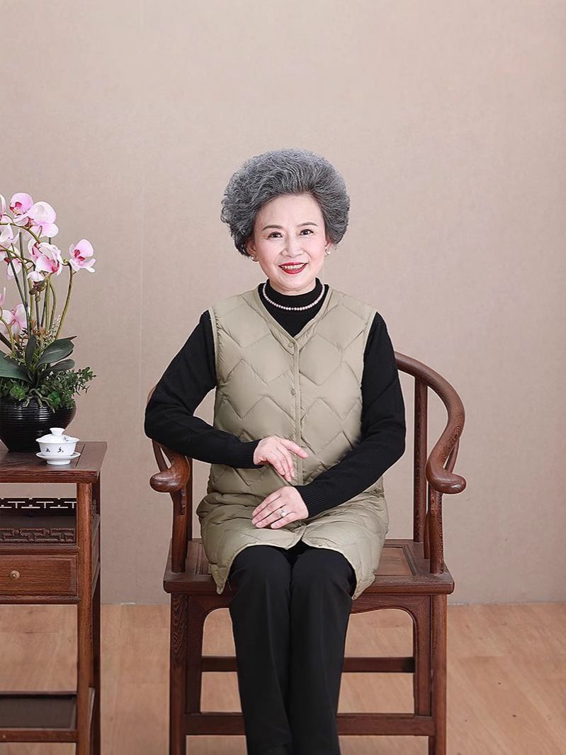 Chaleco de mediana edad y ancianos, ropa de madre, chaqueta de plumón de cuello redondo ligero, forro, chaleco, chaleco cálido de gran tamaño para mujer, chaleco, marea