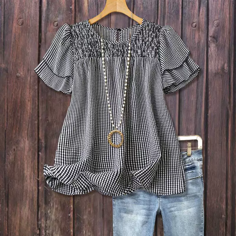 Стиль доставка через границу Casual Checkered Tiered Short Sleeve Top Black