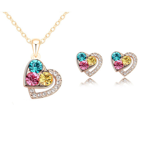 Foreign trade cross-border fashion women's earrings necklace set colorful full diamond love-shaped women's pendant necklace earrings jewelry