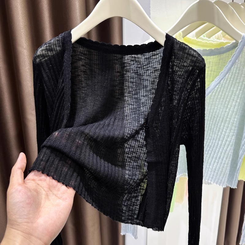 女性用の青い薄いニットアイスシルクカーディガン、夏のサスペンダースカート、空調シャツ、日焼け止めショールトップ、女性用ブラウス|undefined
