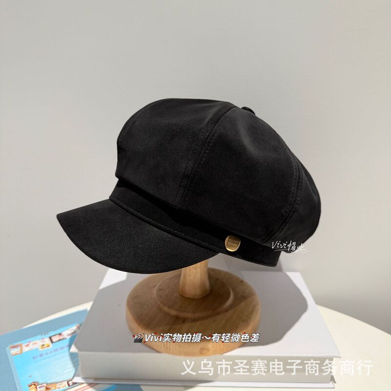 日系大头围棕色磨砂皮八角帽子女秋冬季皮质复古文艺韩版报童帽|undefined