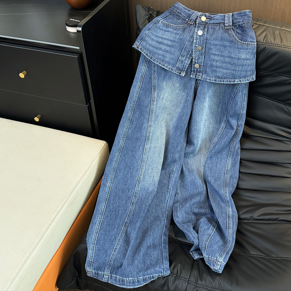 High-Waisted Faux Two-Piece Slimming Wide Leg Denim Culottes Casual Straight Leg Loose Fitting Summer Trendy Women's Jeans_ecoleips.com