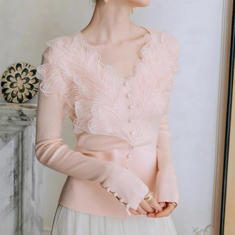 Pink Feather Wool Knitted Shirt Base Shirt Women's Early Spring New Lace High-end Inner Top