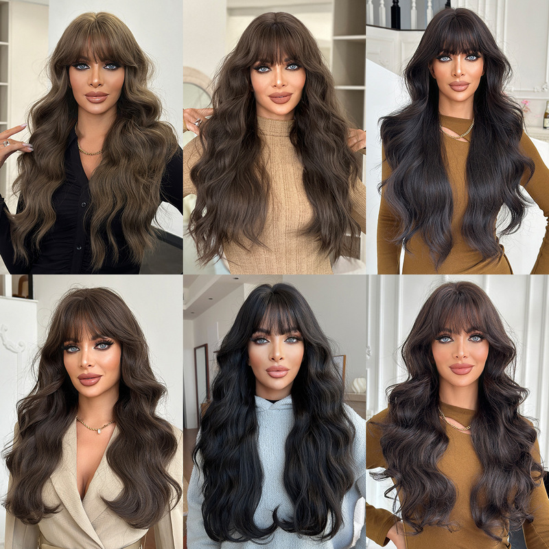 2025 natural black tea brown neat bangs long curly wig girls full headgear daily use high quality wig