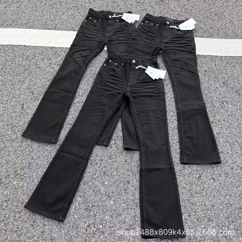 American-Style Vintage Black Denim Jeans with Distressed Whiskers, Slightly Flared Cleanfit Slim-Fit Slimming Long Pants for Men American-Style Vintage Black Denim Jeans with Distressed Whiskers, Slightly Flared Cleanfit Slim-Fit Slimming Long Pants for Men