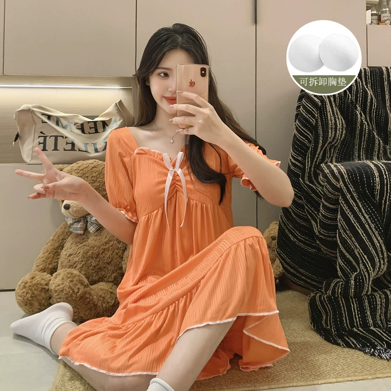 Summer new style dopamine solid color milk silk pit strip chest pad pleated knee-length comfortable home long skirt that can be worn outside