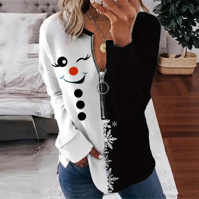 Fashion Plus Size Christmas Snowman Zipper Sweatshirt T-Shirt -100% Polyester Knitted Fabric, V Neck Pullover