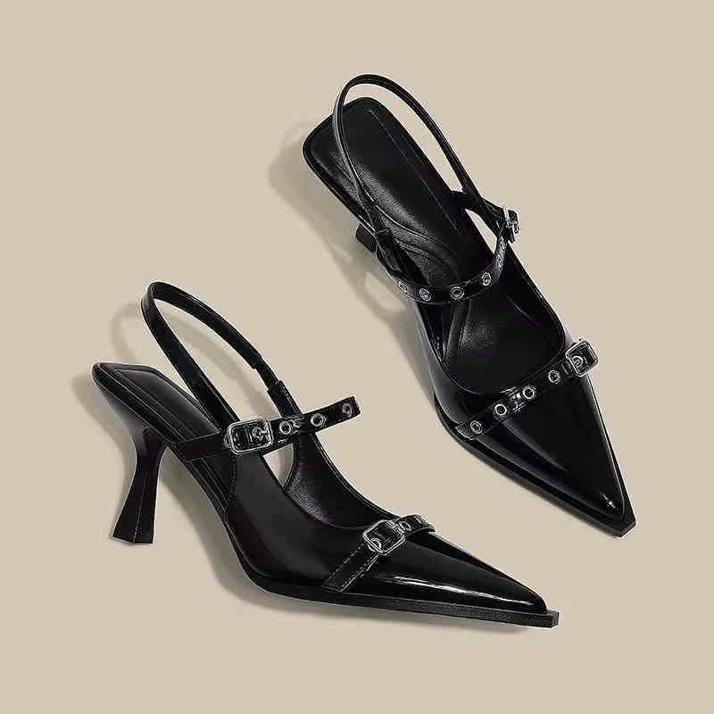 2025法式高级感小香风尖头后空单鞋包头玛丽珍一字铆钉高跟凉鞋女