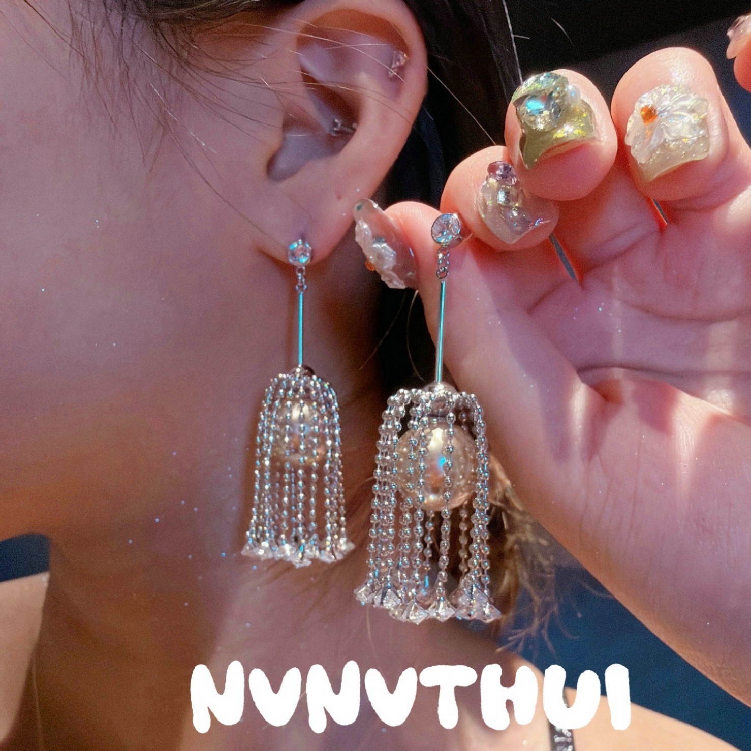 Jewelry for gazebo, crooked fashionable earrings, ceiling lamp pearl, flowered, with gem