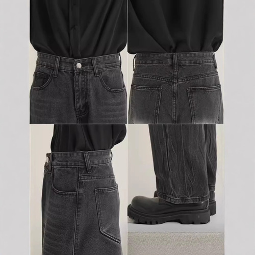 Vintage-worn pleated design men's high street American retro trendy brand loose straight-leg pants with retro relaxed vibe