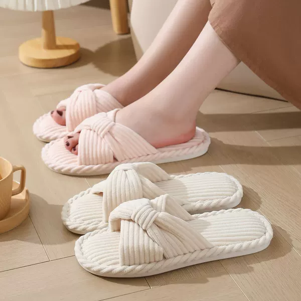 Amazon's Popular Cross-Border Corduroy Cross Cotton Slippers Autumn Home Wholesale Indoor Home Warm Slippers for Women