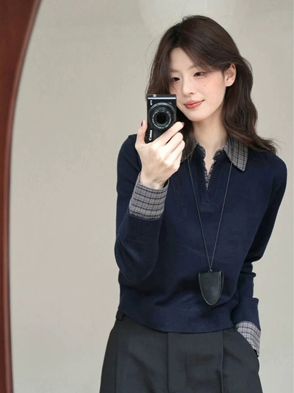 格子拼接假两件毛衣女学院风秋冬2025新款宽松翻领时尚百搭上衣|undefined