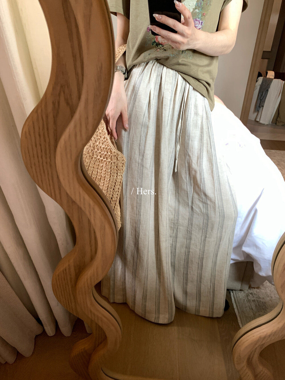 Quần culottes nữ ống rộng cạp cao chun rút dây sọc kẻ chất liệu ramie mùa hè — Màu cà phê, màu mơ chi tiết 14