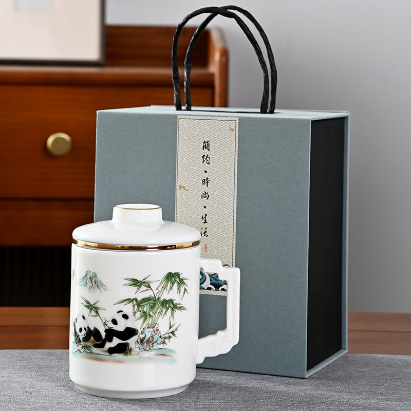厂家羊脂玉瓷水杯高档白瓷创意熊猫三件套茶水分离办公杯可印logo