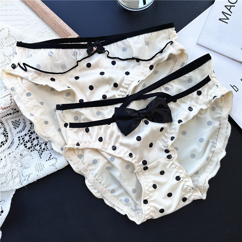 [45.00 kg-65.00 kg] 2306 Cream Wave Dot# Cute Cross Ice Silk Mesh Edge Sexy Low Waist Panties
