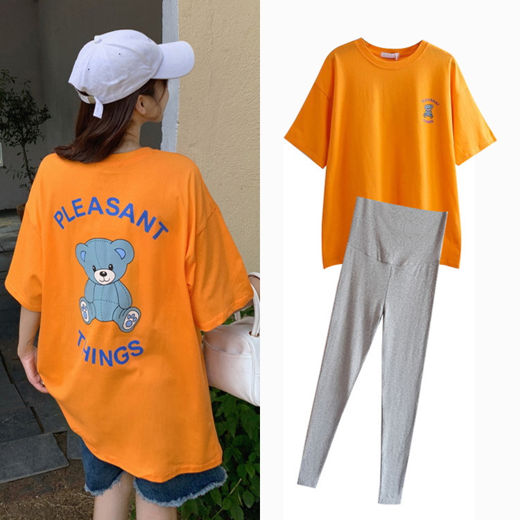 Pregnant Women's T-shirt Set Summer Large Size Pregnant Women's Top Loose Mid-length Pure Cotton Short-sleeved T-shirt Summer Maternity Wear