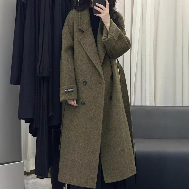 Autumn and Winter Long Double-Sided Wool Coat for Women, Double-Breasted with Belt, Loose Fit, Thickened, Warm Woolen Coat with a Fashionable and Elegant Style