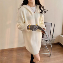 韩版时尚休闲连帽中长针织衫上衣女2025秋冬新款宽松慵懒套头毛衣
