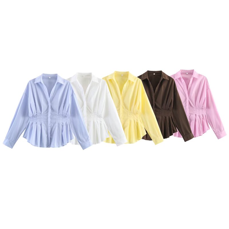 Pb&Za Cross-Border Foreign Trade New Women's Clothing Commuter Style Single-Breasted Long-Sleeved Lapel Pleated Decorative Striped Shirt