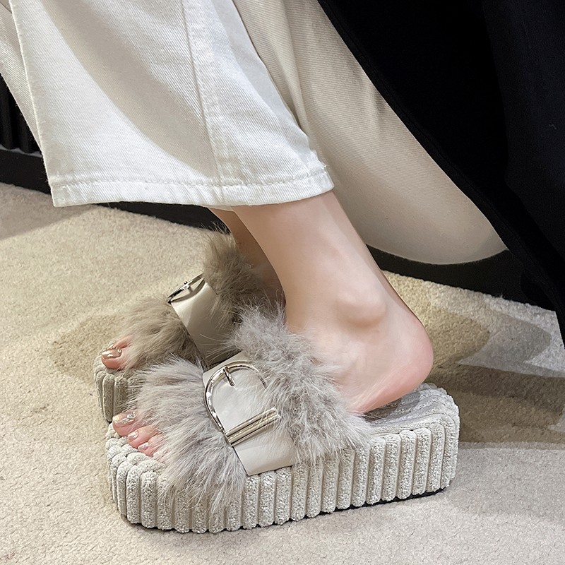 Estilo coreano de moda retro zapatillas de felpa zapatos de mujer 2023 principios de otoño nueva celebridad de Internet casual plataforma de felpa chanclas