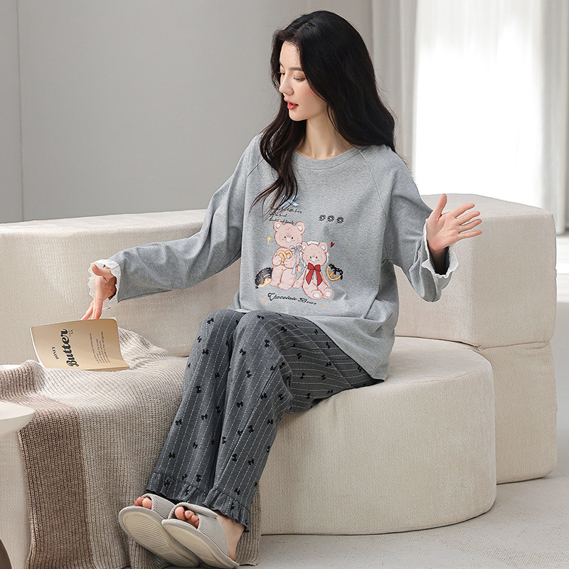 Cartoon Pure Cotton Long-Sleeved Pajamas for Women Spring & Fall Round Neck Cute Female Students Loose Home Clothes Two-Piece Set Can Be Worn Outside