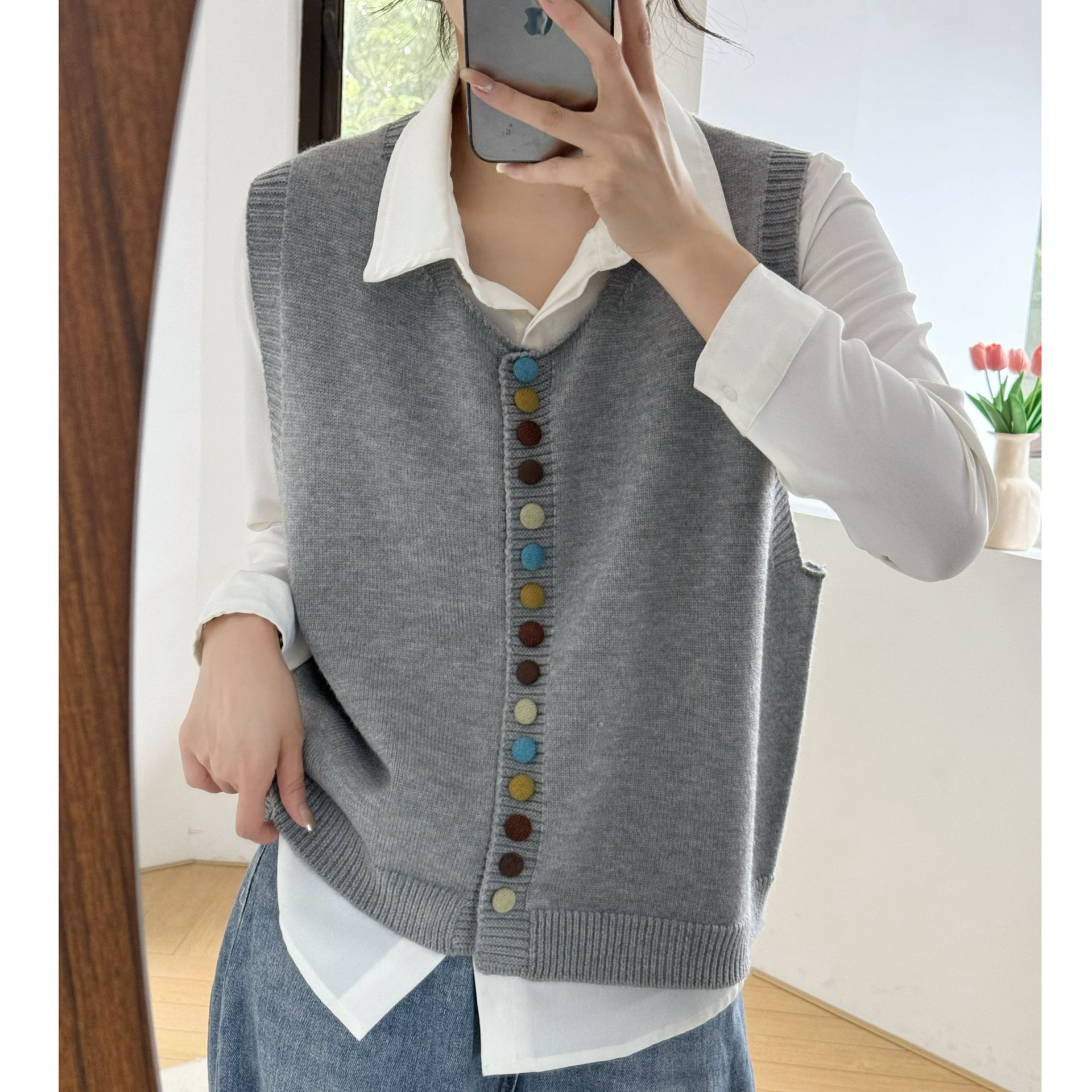 [small color buckle] autumn and winter new vintage color breasted western style loose knitted waistcoat casual wear all-match top