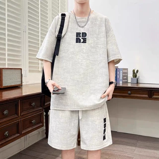 青少年休闲套装男夏季学生阔版短袖T恤五分裤搭配宽松运动两件套