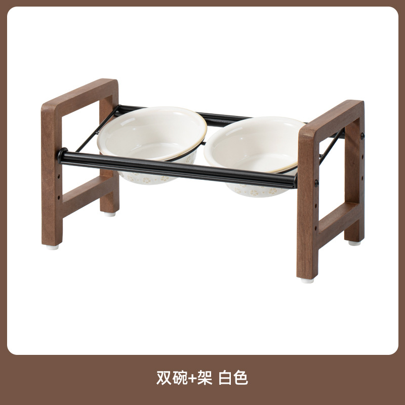 Cuenco doble con borde de nieve (blanco) + soporte de acacia con doble caída