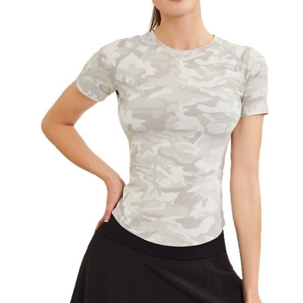 Ropa de ejercicios desnuda para mujeres delgada helada de cuello redondo con mangas de hombro para correr camiseta deportiva delgada ropa de yoga roja en línea